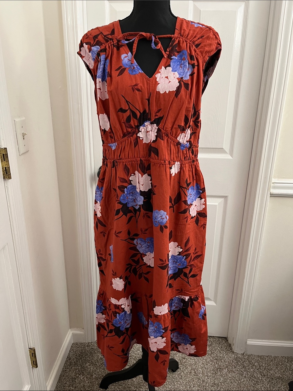 Time and Tru Rust Floral Midi Dress with Blue & Pink Blooms